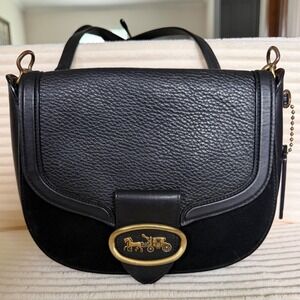 Coach Kat Saddle Bag Black Pebbled Leather Suede Crossbody 88263 Brass Hardware